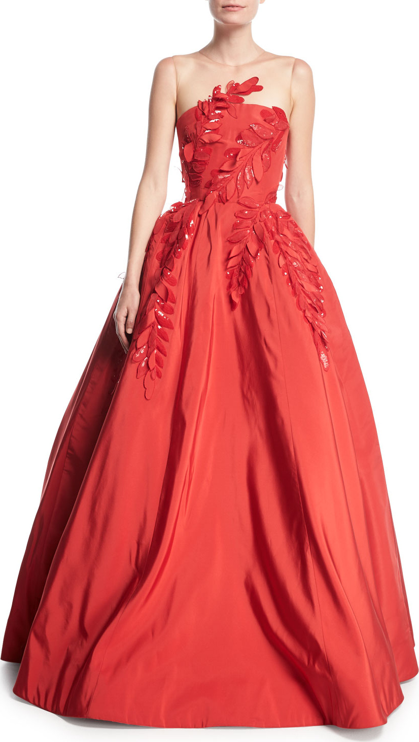 Oscar De La Renta Sleeveless Illusion-Neck Evening Ball Gown w/ Floral Appliques