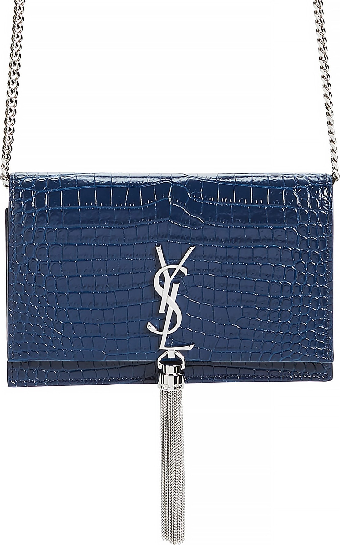 Saint Laurent Kate Croc Embossed Leather Wallet on a Chain