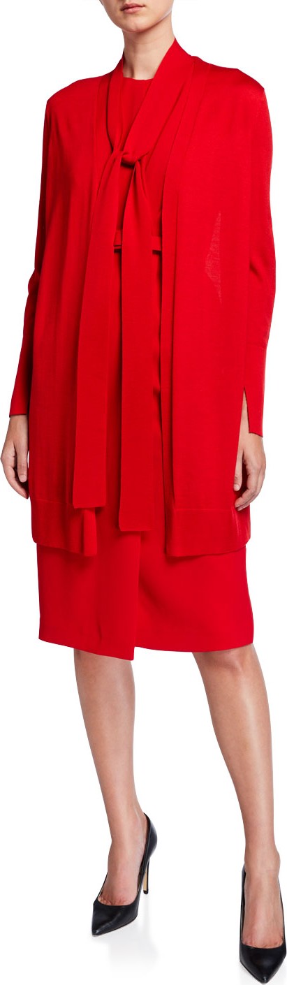 Lafayette 148 New York Italian Merino Wool/Silk Tie-Neck Cardigan w/ Combo Back