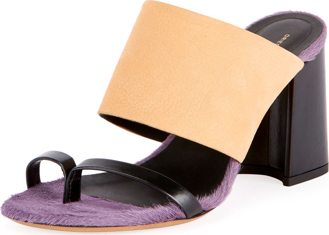Dries Van Noten Calf-Hair Trim Toe-Ring Chunky Slide Sandals