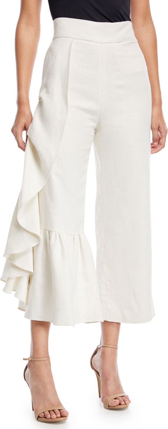 Alexis Lainey Wide-Leg Linen Pants with Ruffled Frill