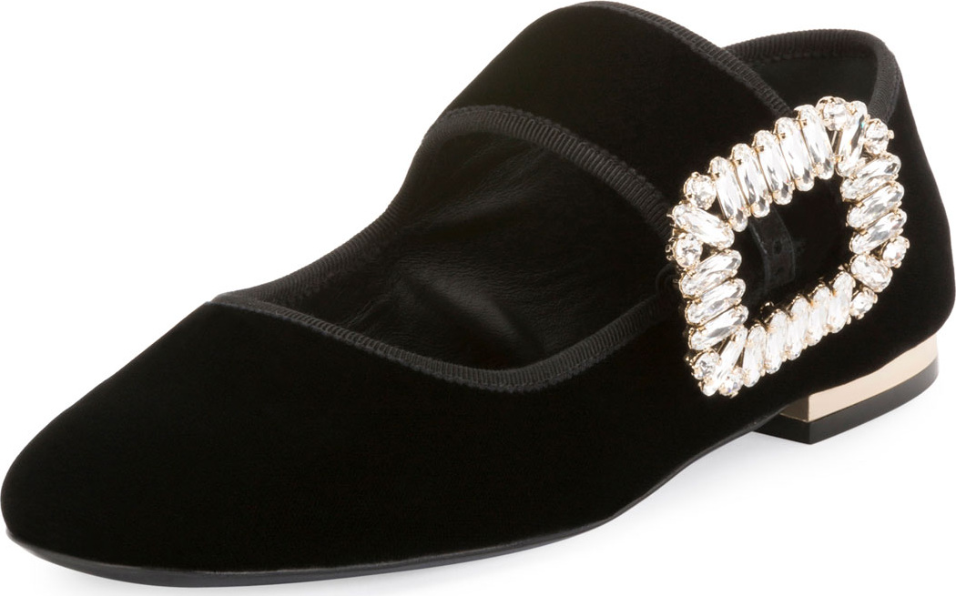Roger Vivier Crystal-Buckle Velvet Mary Jane Flat
