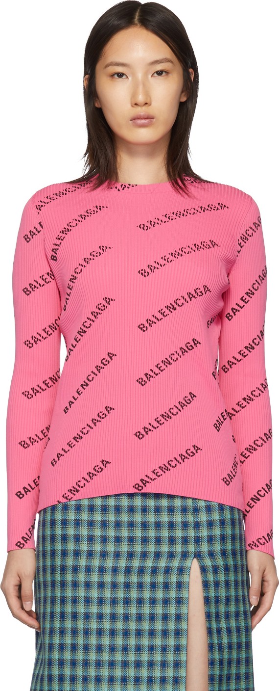 Balenciaga Pink Ribbed Diagonal Logo Sweater