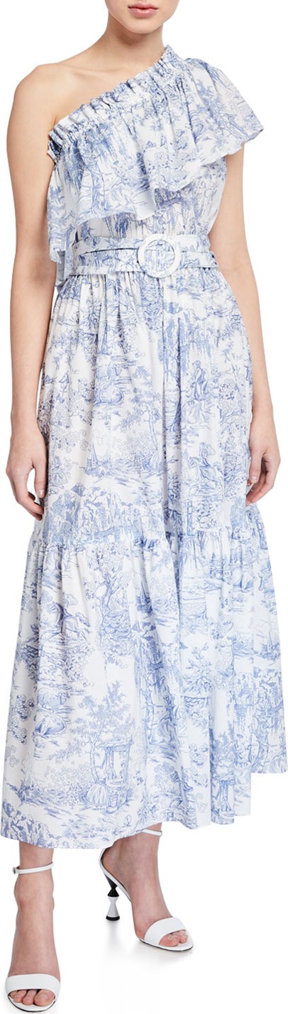 Petersyn Percy One-Shoulder Striped Belted Dress