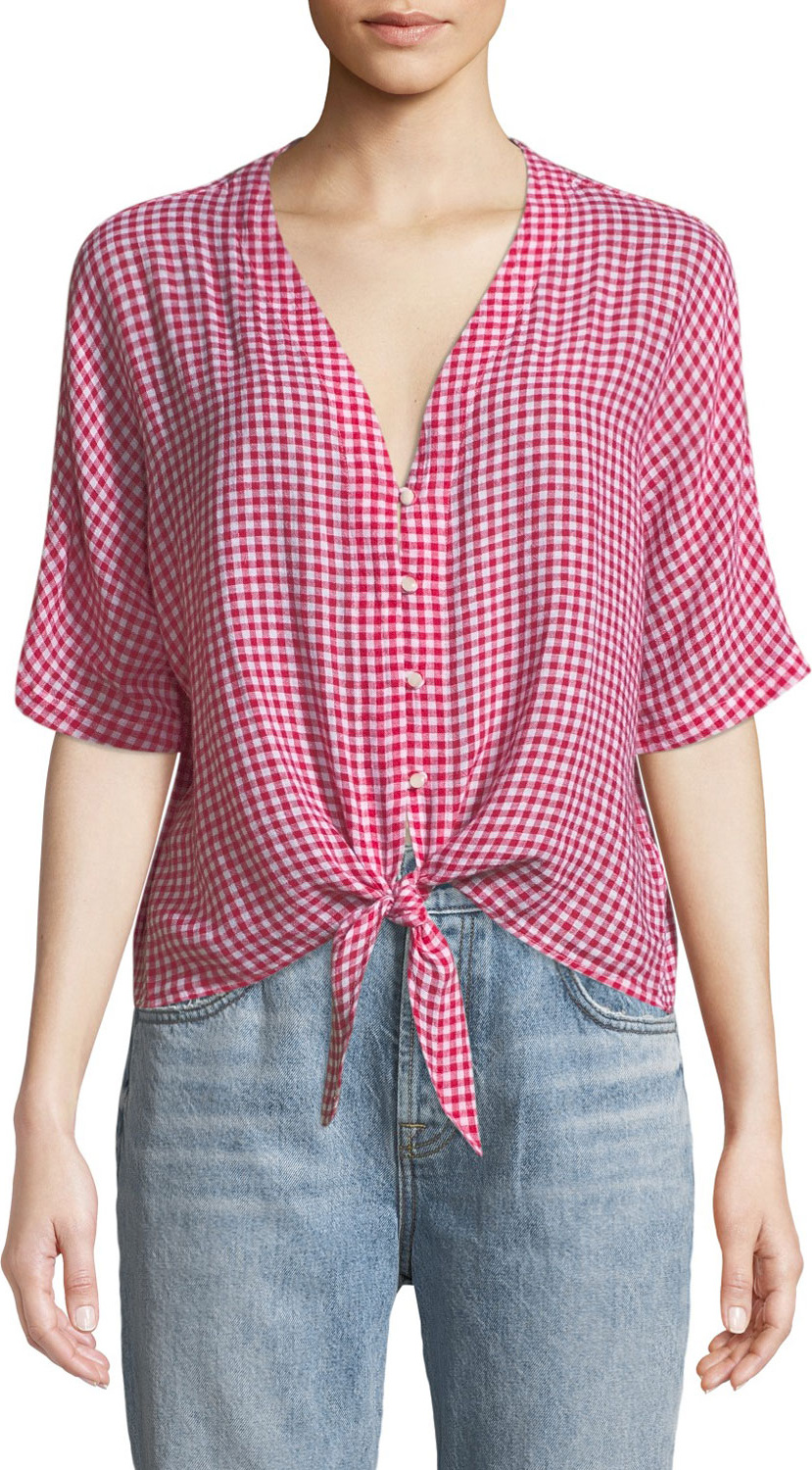 RAILS Thea V-Neck Button-Front Gingham Linen-Blend Top w/ Tie Hem