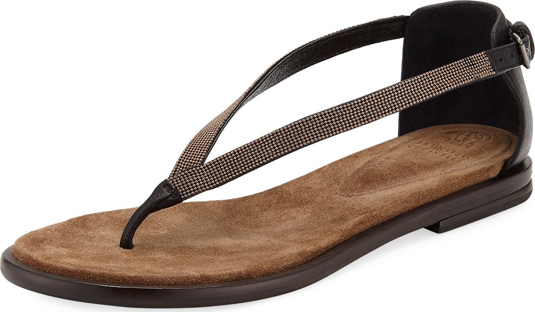 Brunello Cucinelli Flat Monili/Leather Thong Sandals