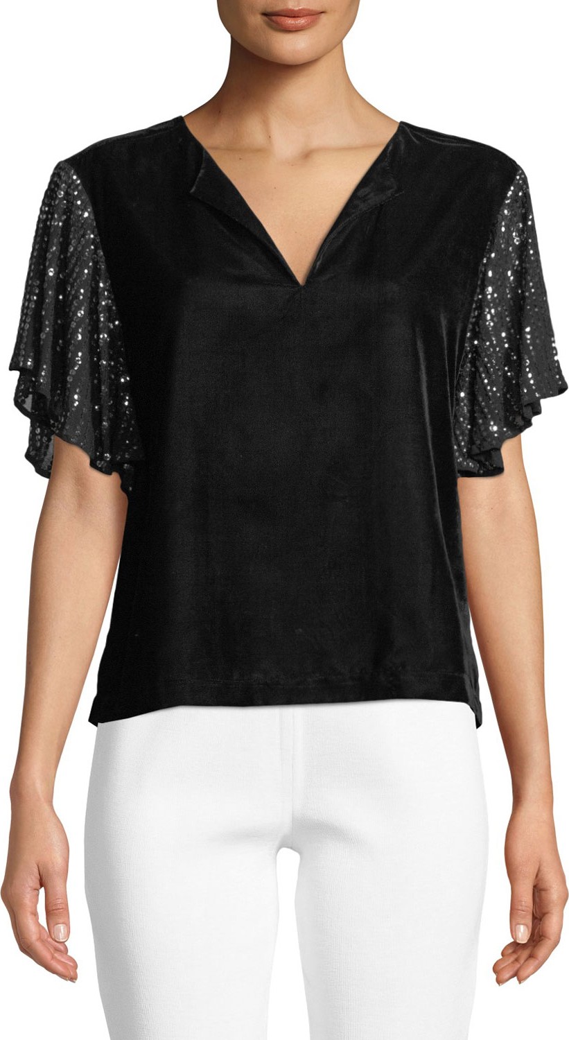 Velvet By Graham & Spencer Tibby V-Neck Top with Sequin Sleeves