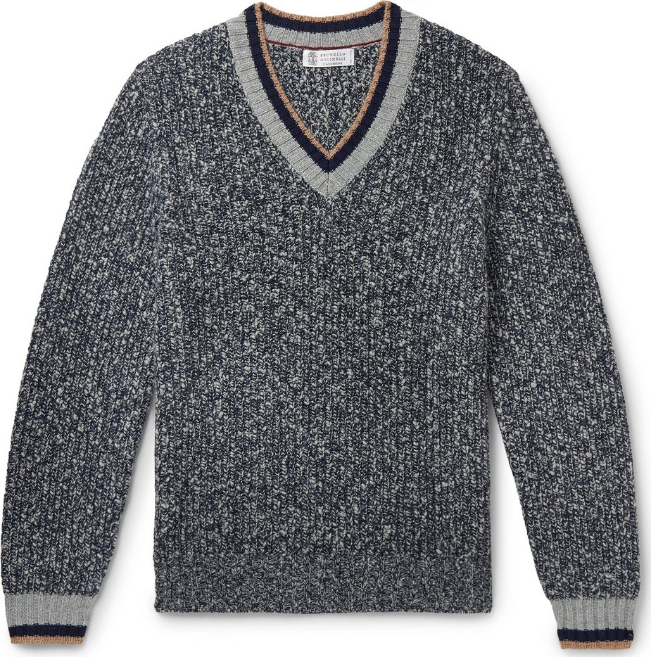 Brunello Cucinelli Slim-Fit Stripe-Trimmed Mélange Wool and Cashmere-Blend Sweater