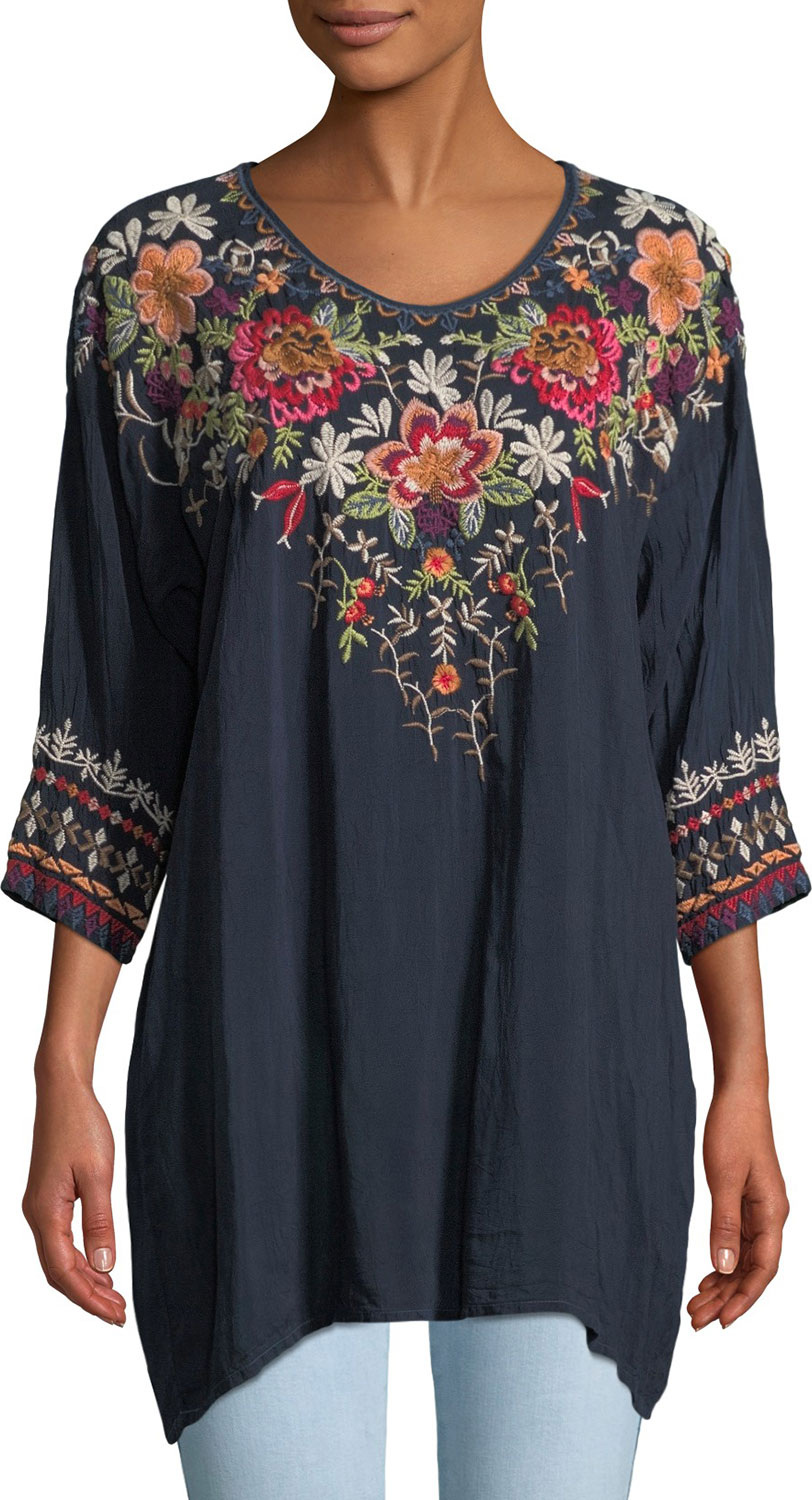 Johnny Was Shaylee 3/4-Sleeve Embroidered Blouse