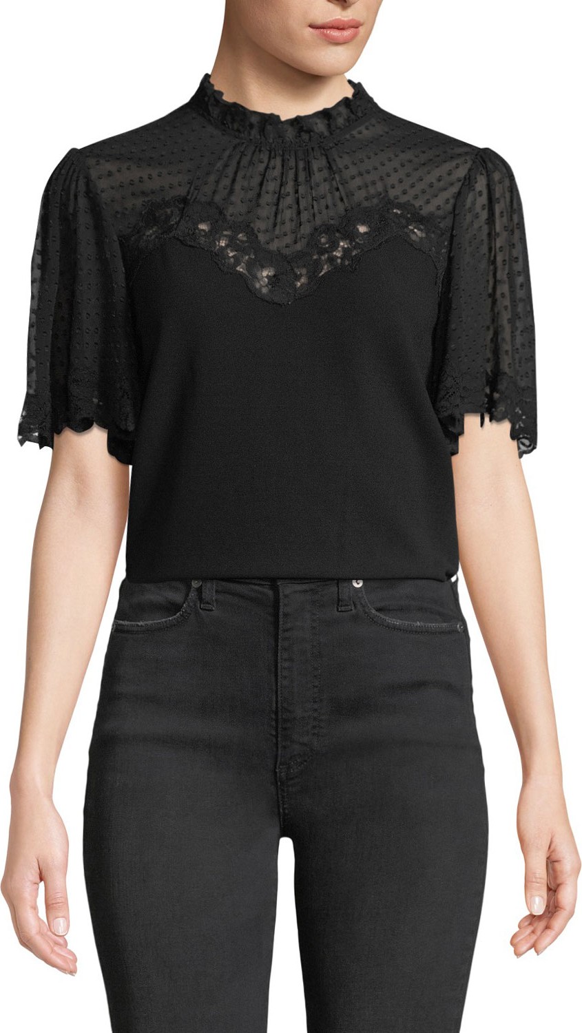 Rebecca Taylor Short-Sleeve Crepe High-Neck Lace Top
