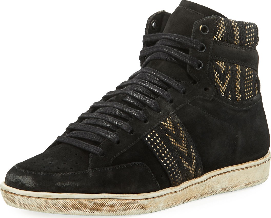 Saint Laurent Men's Distressed Ikat Suede High-Top Platform Sneakers, Black/White