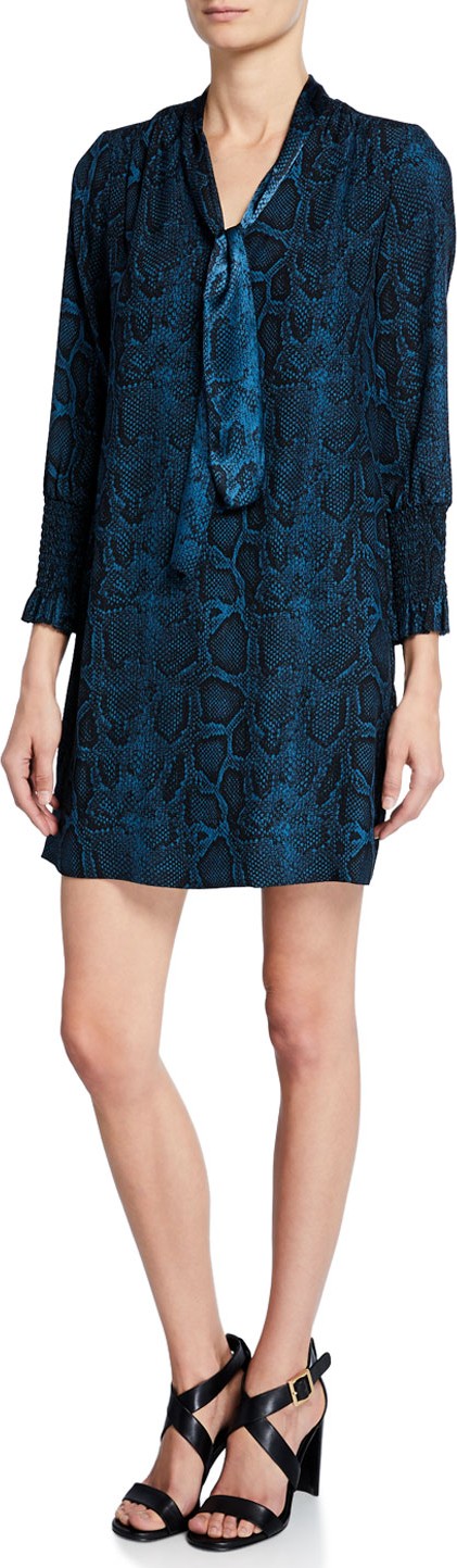 Rebecca Taylor Snake-Print Tie-Neck Long-Sleeve Silk Dress