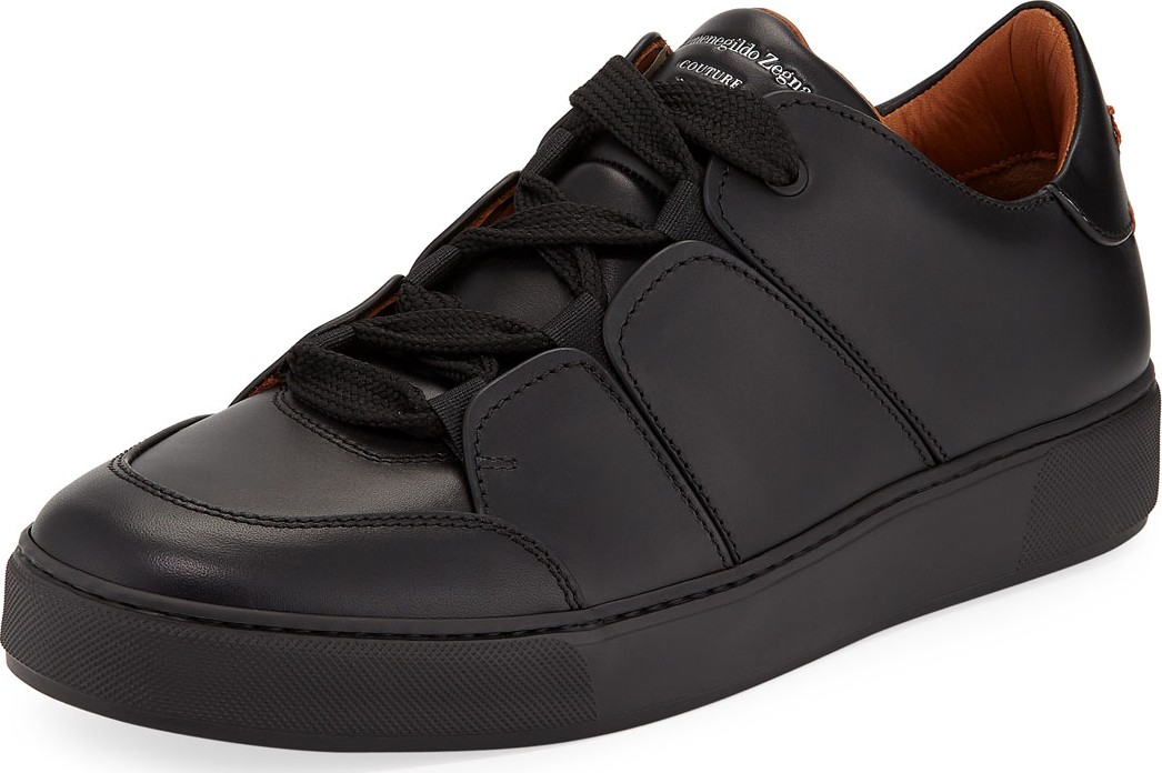 Ermenegildo Zegna Men's Tiziano Leather Low-Top Sneakers, Black