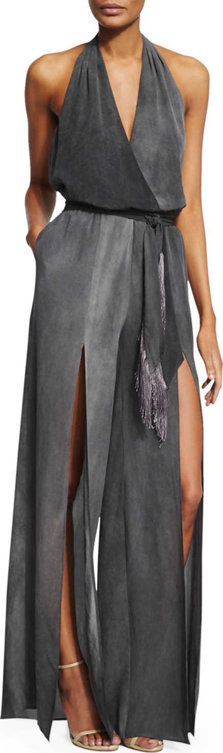 Tamara Mellon Silk Halter Jumpsuit w/ Fringe Belt, Charcoal Tamara Mellon Silk Halter Jumpsuit w/ Fringe Belt, Charcoal