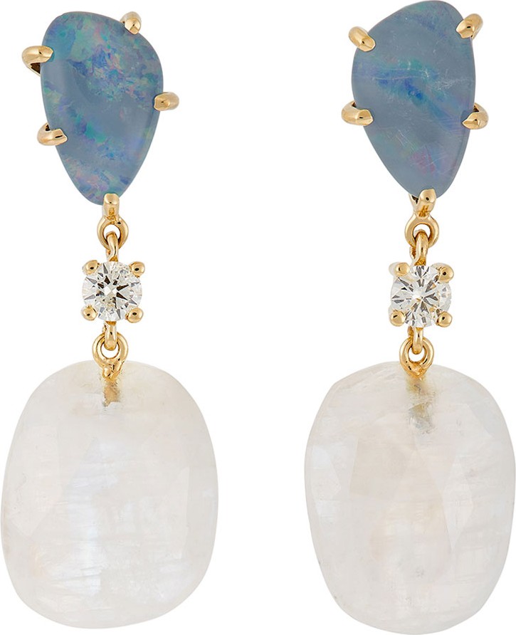 Jan Leslie 18K Bespoke 2-Tier Tribal Luxury Earrings w/ Fire Opal Triplet  Moonstone & Diamonds