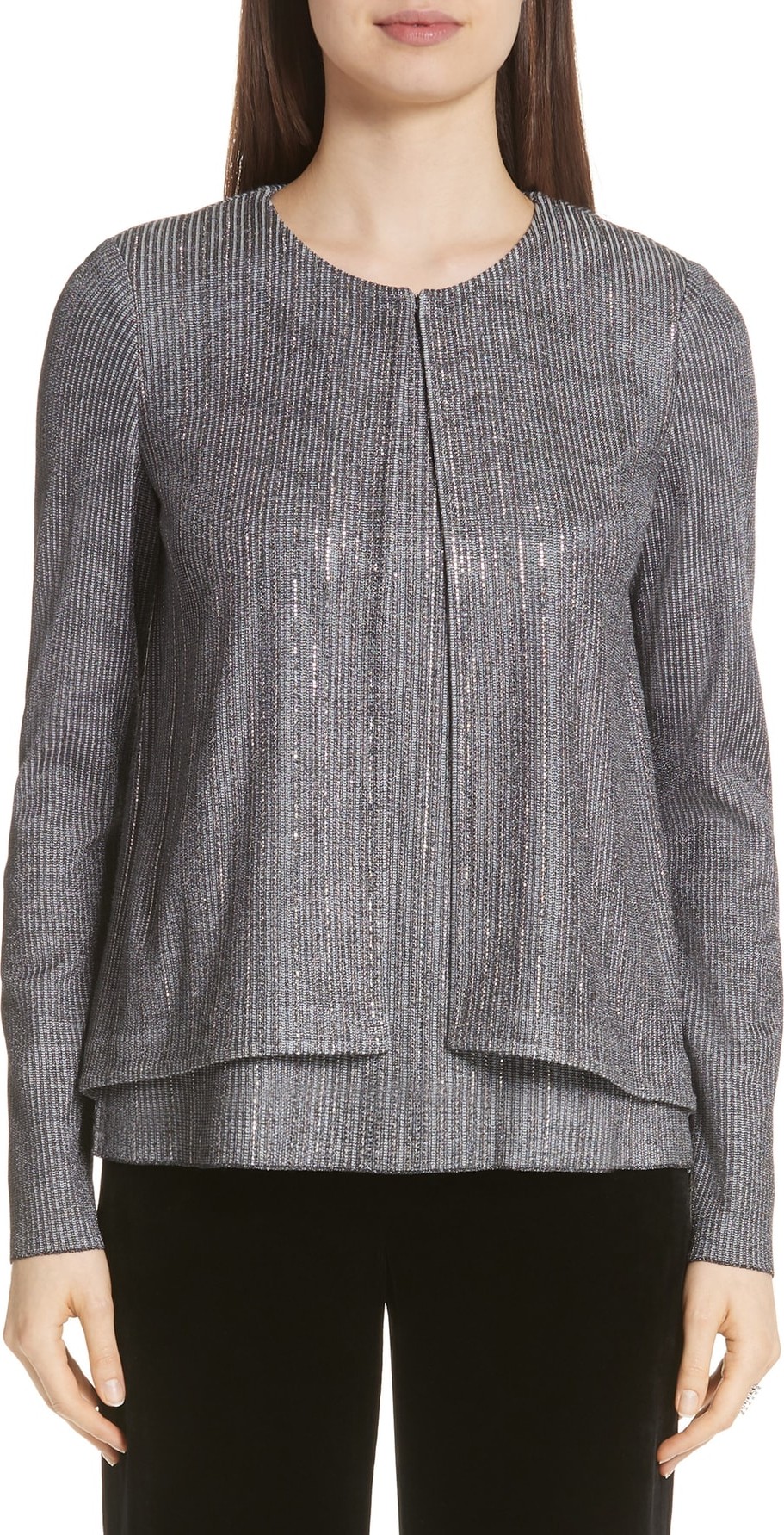 St. John Metallic Plaited Knit High/Low Cardigan