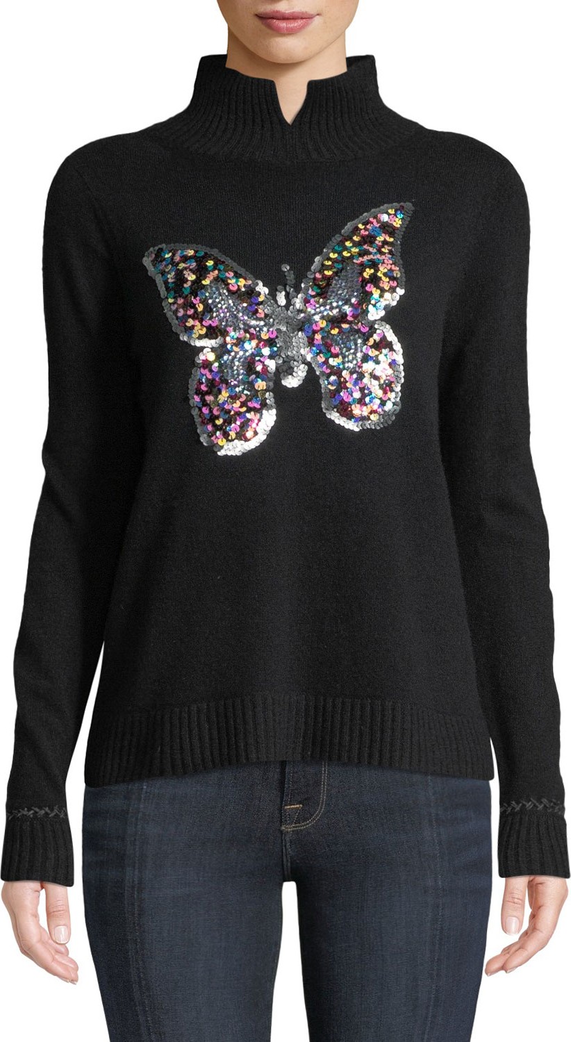Lisa Todd Sequined Butterfly Cashmere  Turtleneck Sweater