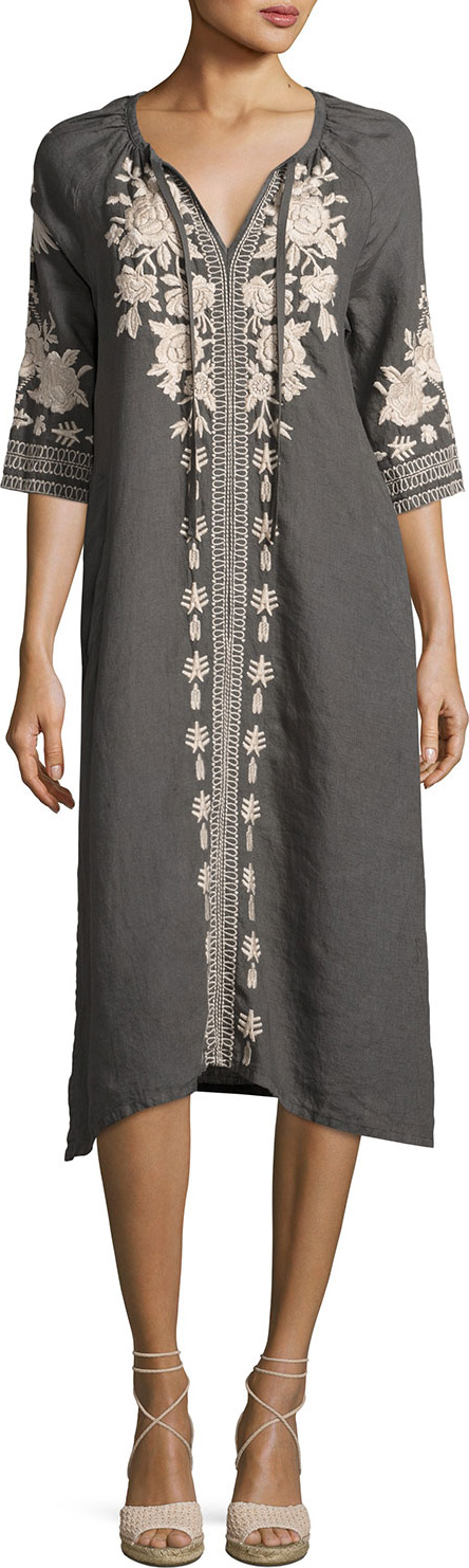 Johnny Was Carmelita Embroidered Linen Peasant Dress, Voltage