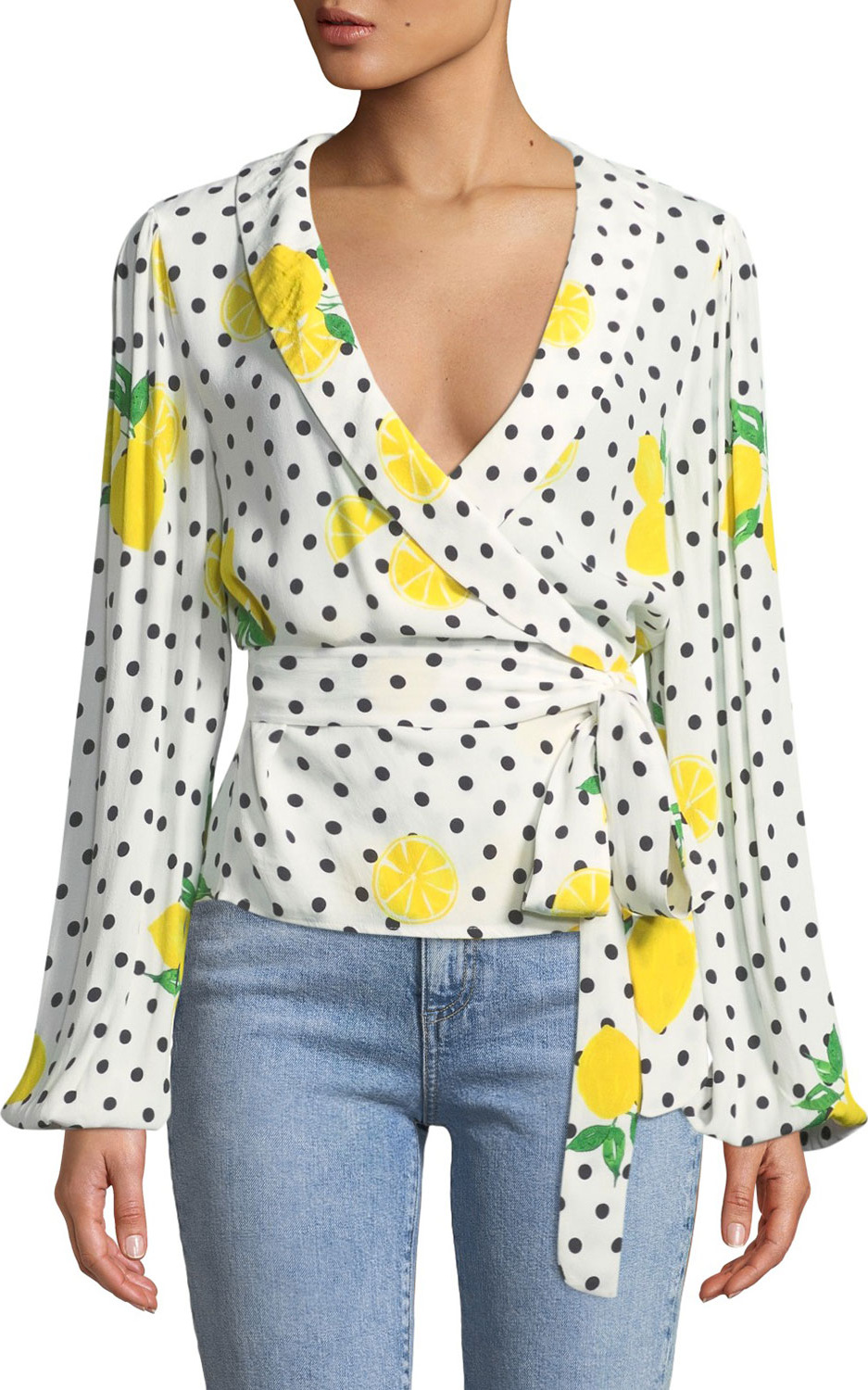 Lovers + Friends Mikayla Lemon-Polka Dot Wrap Blouse