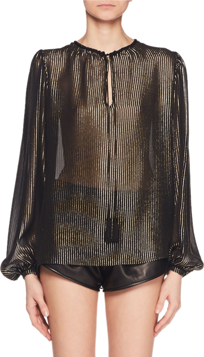 Saint Laurent Round-Neck w/ Ties Long-Sleeve Metallic-Striped Top