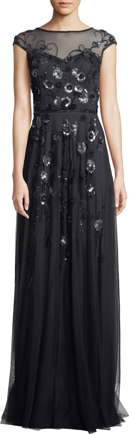 Theia Floral Vine Beaded Tulle Cap-Sleeve Gown