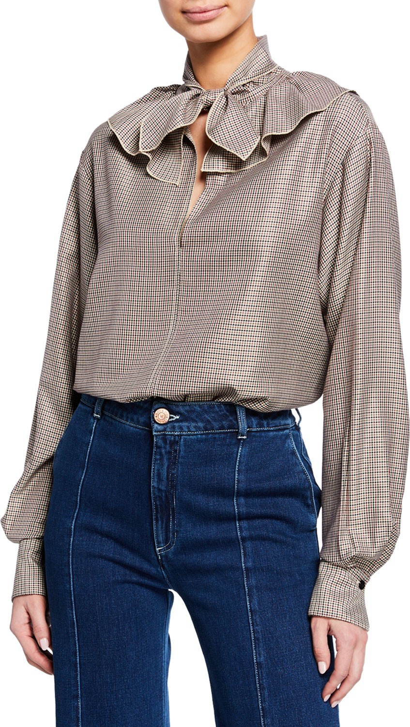 See By Chloé Tie-Neck Ruffle Check Long-Sleeve Blouse