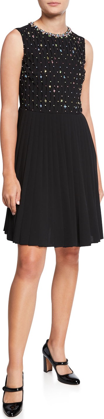 RED Valentino Rhinestone Embroidered Crewneck Sleeveless Georgette Dress