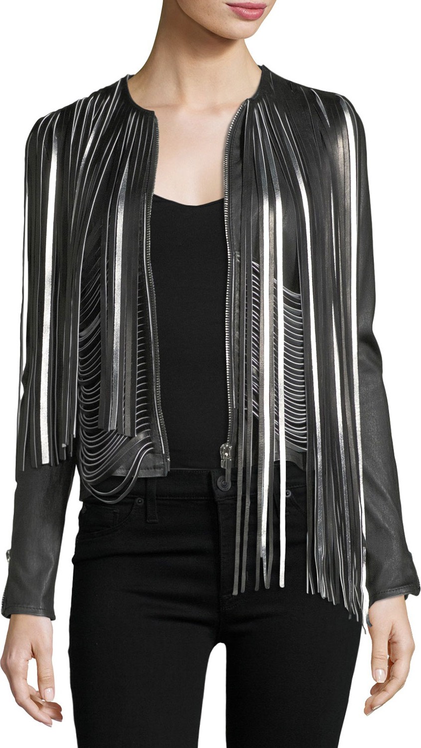 Nour Hammour Retrograde Fringed Leather Biker Jacket