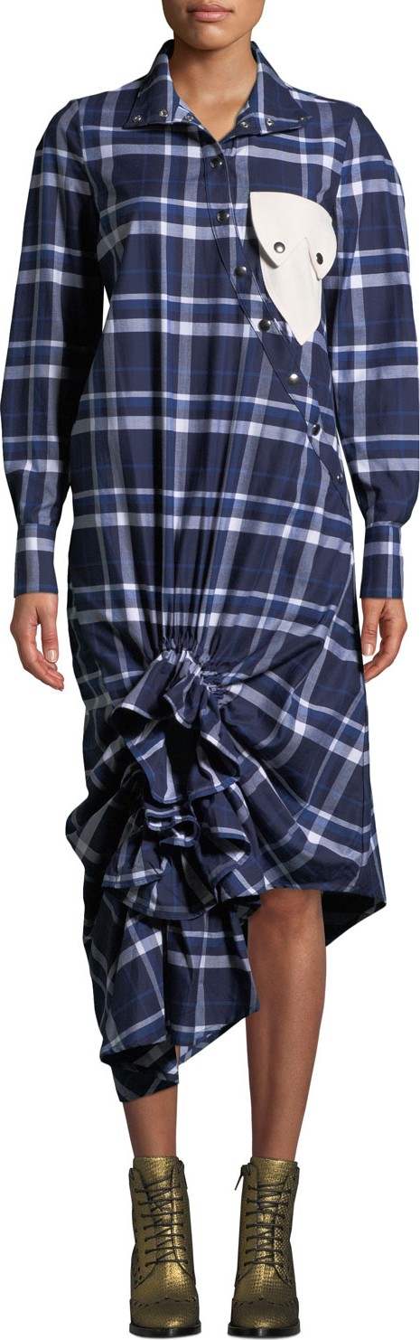 Victoria / Tomas Plaid Ruffle Snap-Front Shirtdress with Pocket Detail