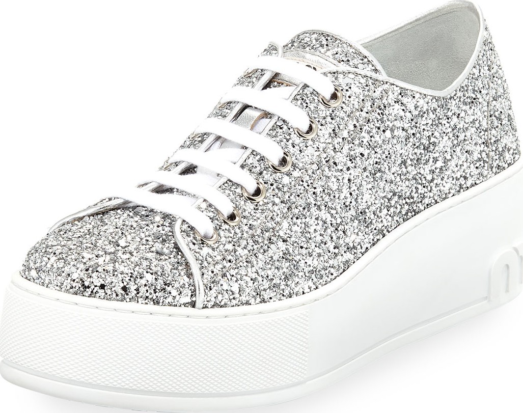 Miu Miu Glitter Platform 55mm Sneakers, Silver