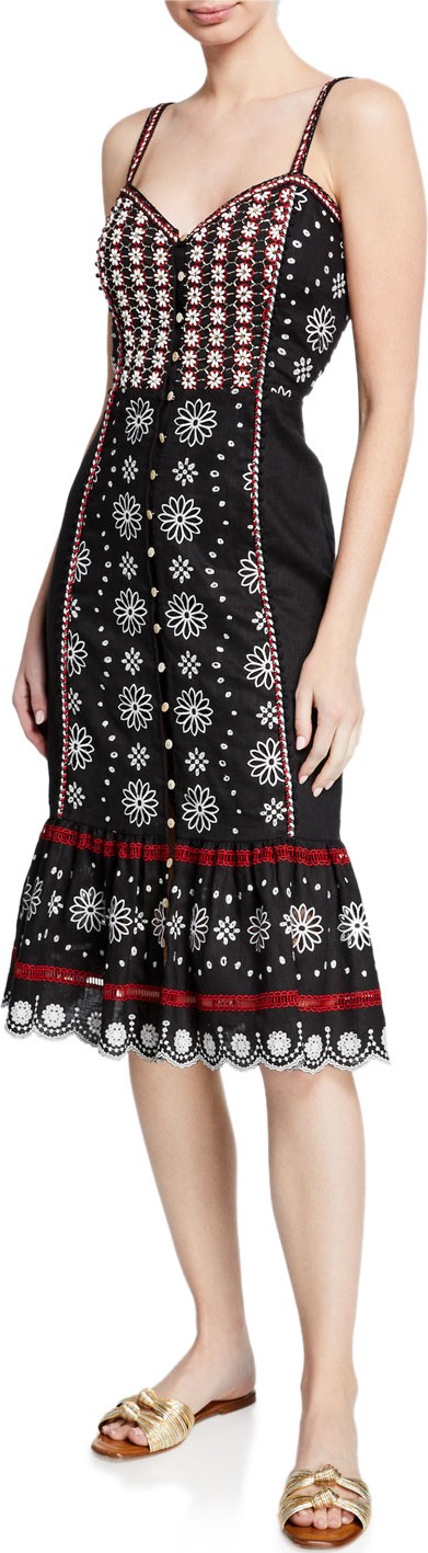 Veronica Beard Giuliana Embroidered Button-Front Midi Dress