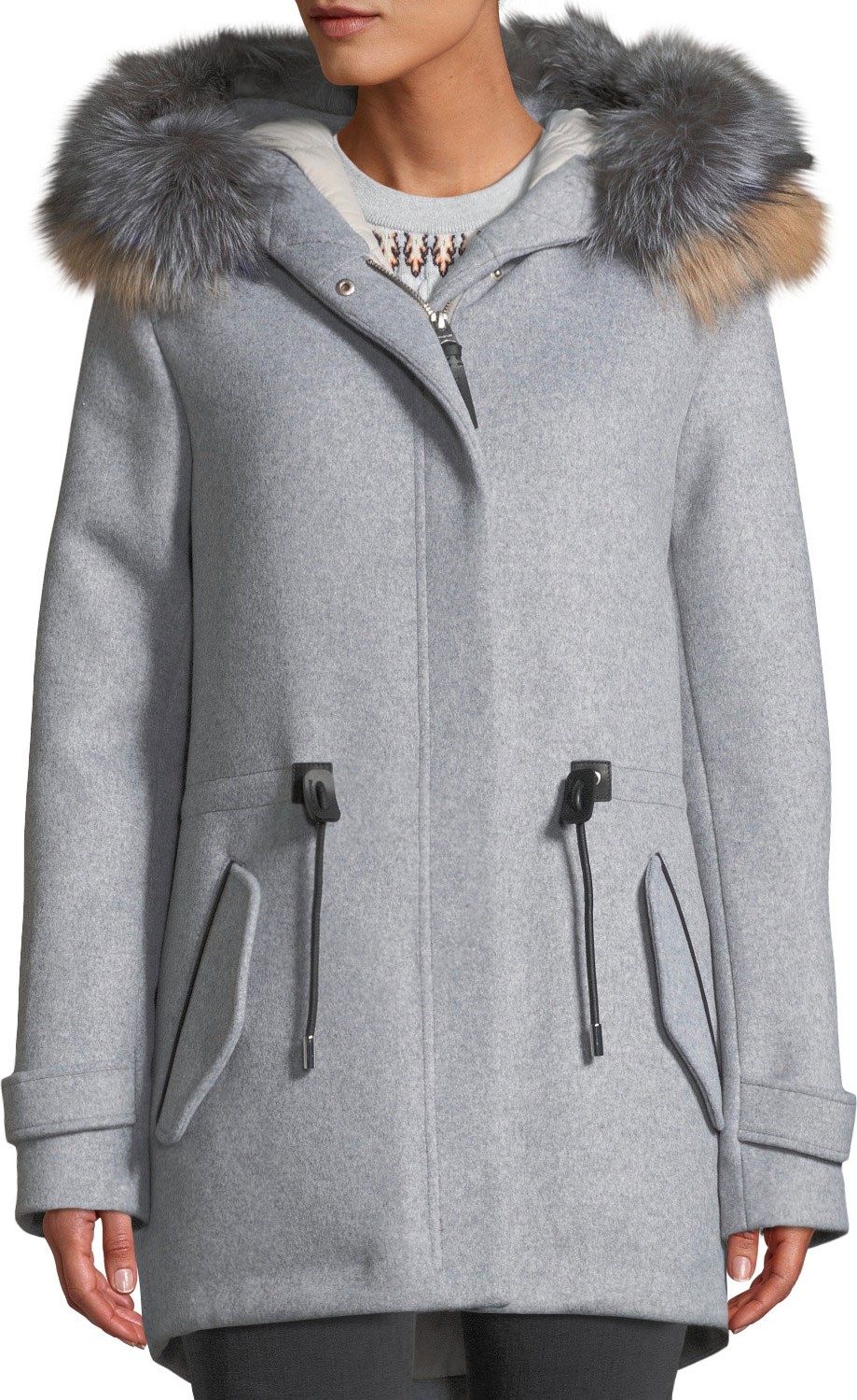 Mackage Alexa Wool-Blend Trench Coat w/ Tricolor Fur