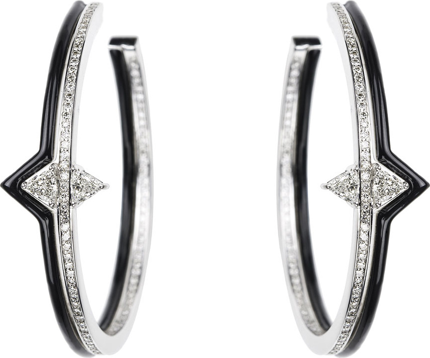 Nikos Koulis V 18k White Gold, Black Enamel & Diamond Hoop Earrings