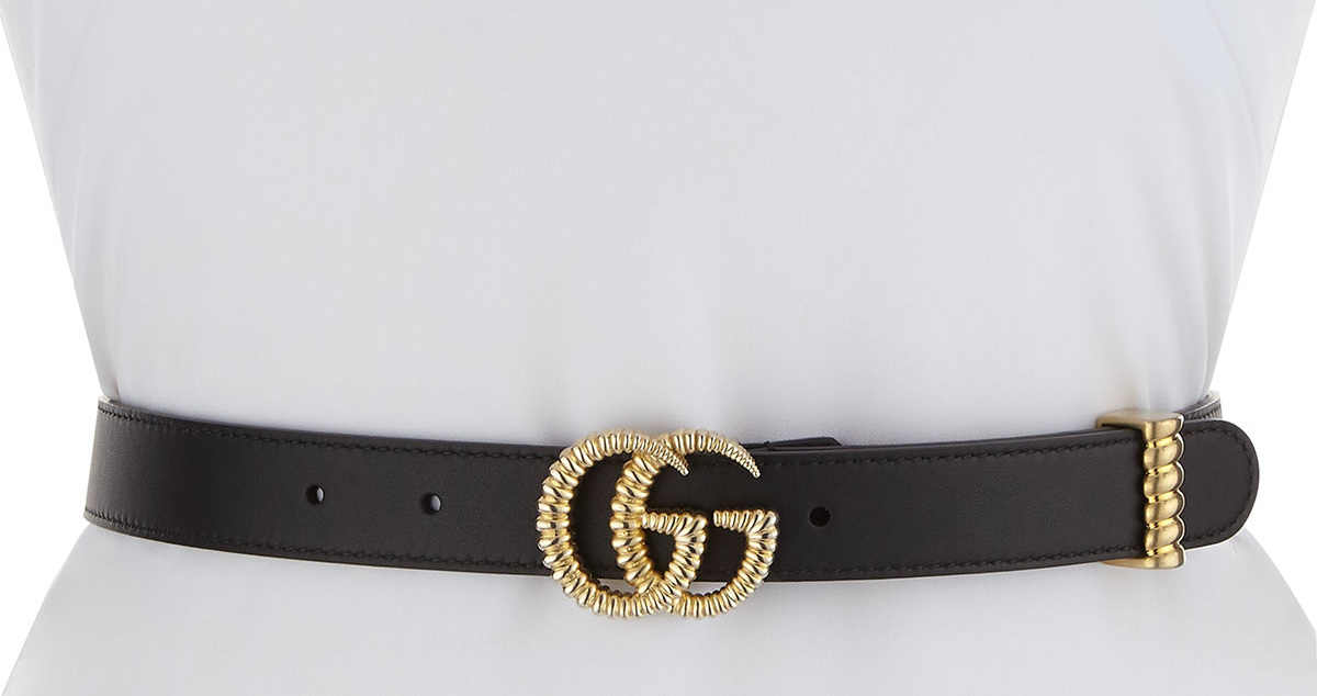 Gucci Moon Leather Belt w/ Textured GG Buckle, 1"W