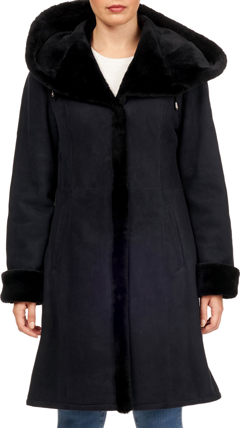 Gorski Suede Shearling-Trim Hooded Short-Coat