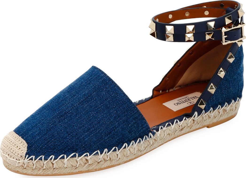 Valentino Rockstud Flat Denim Espadrilles