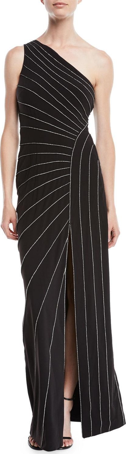 HALSTON HERITAGE One-Shoulder Gown w/ Chain Piping