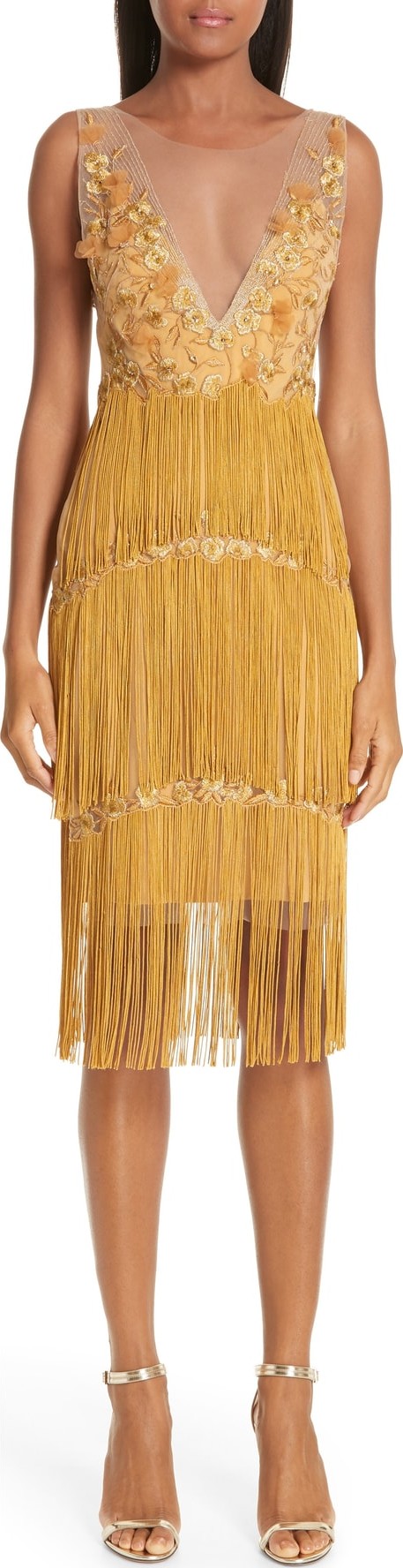 Marchesa Notte Embellished Tiered Fringe Dress
