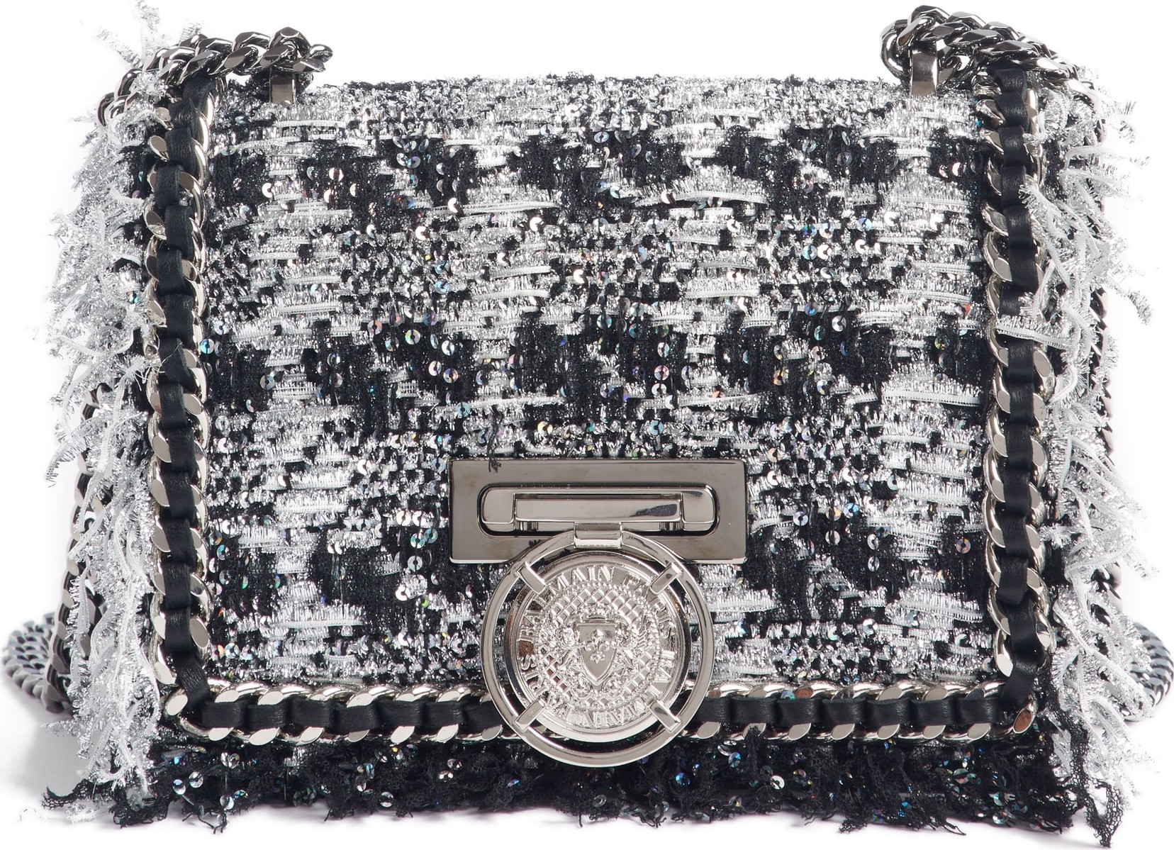 Balmain Metallic Tweed & Leather Box Shoulder Bag