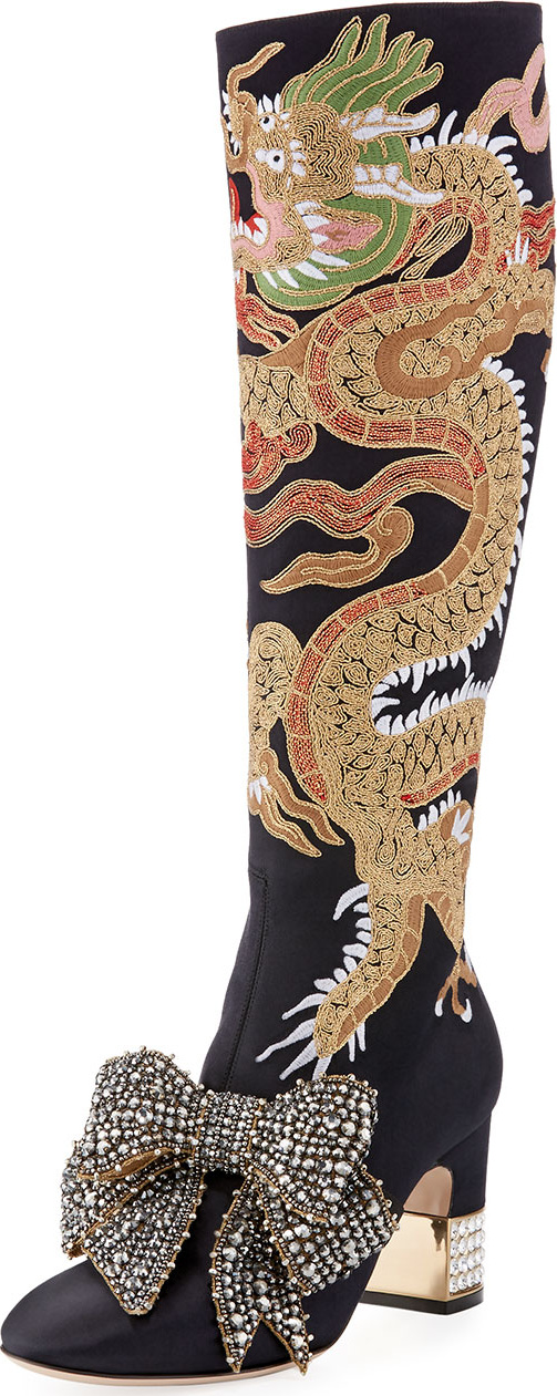 Gucci Dragon Embroidered Block-Heel Knee Boot