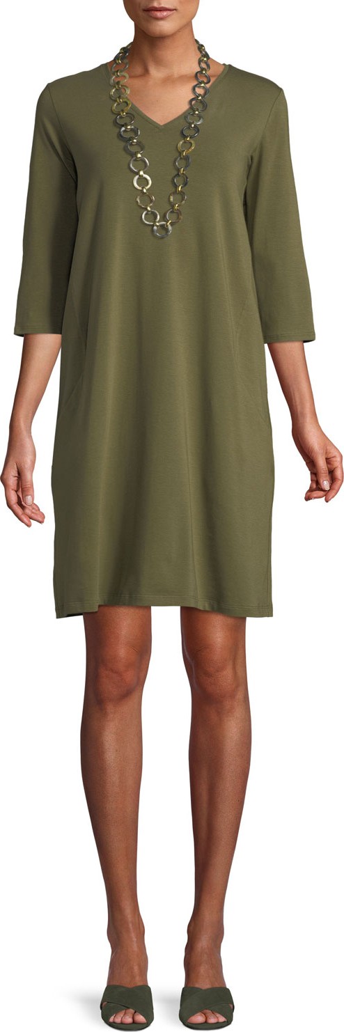Eileen Fisher 3/4-Sleeve V-Neck Jersey Shift Dress
