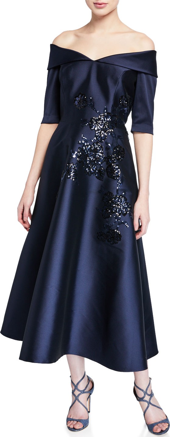 Rickie Freeman for Teri Jon Off-the-Shoulder Elbow-Sleeve Mikado Dress w/ Sequin Detail