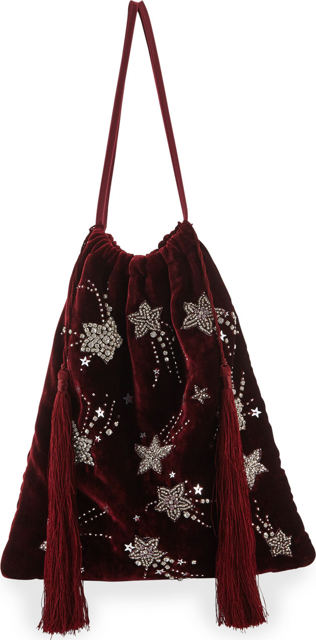 Attico Velvet Stars and Moon Pouch Bag, Red