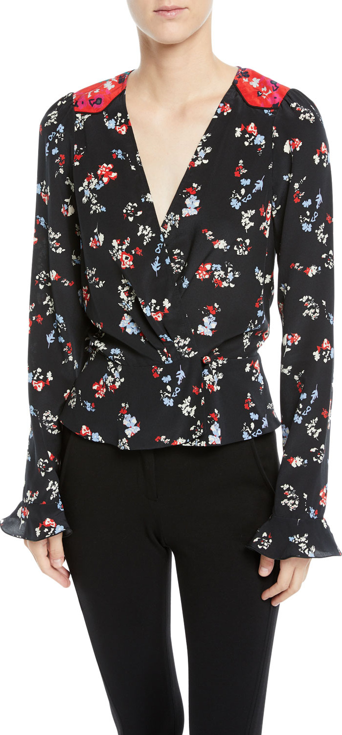 Tanya Taylor Clio Floral Long-Sleeve Silk V-Neck Top