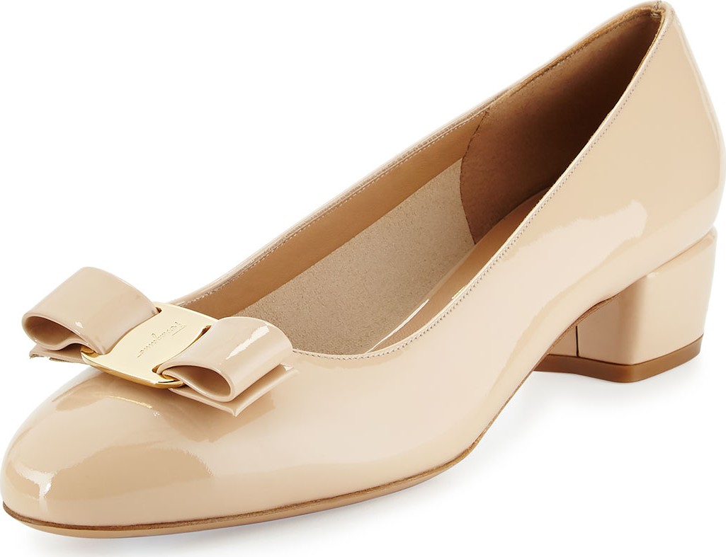Salvatore Ferragamo Vara 1 Patent Low-Heel Pumps, New Bisque