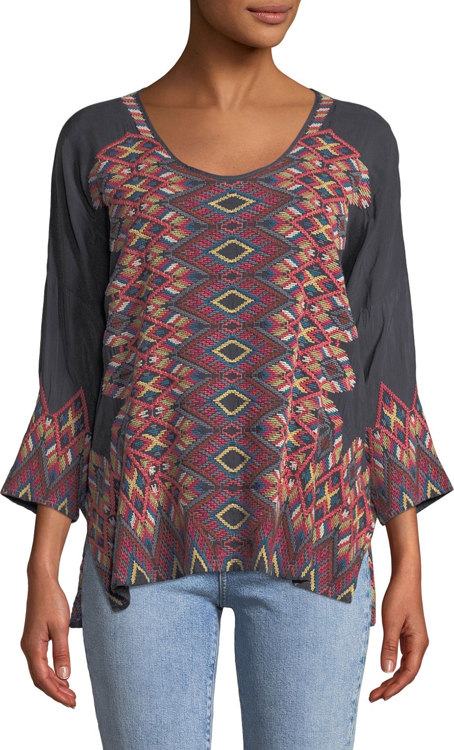 Johnny Was Moni 3/4-Sleeve Embroidered Blouse