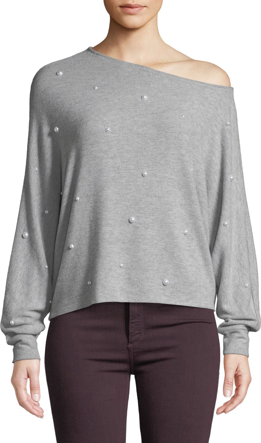 Generation Love Jenny Pearl-Studded One-Shoulder Long-Sleeve Top