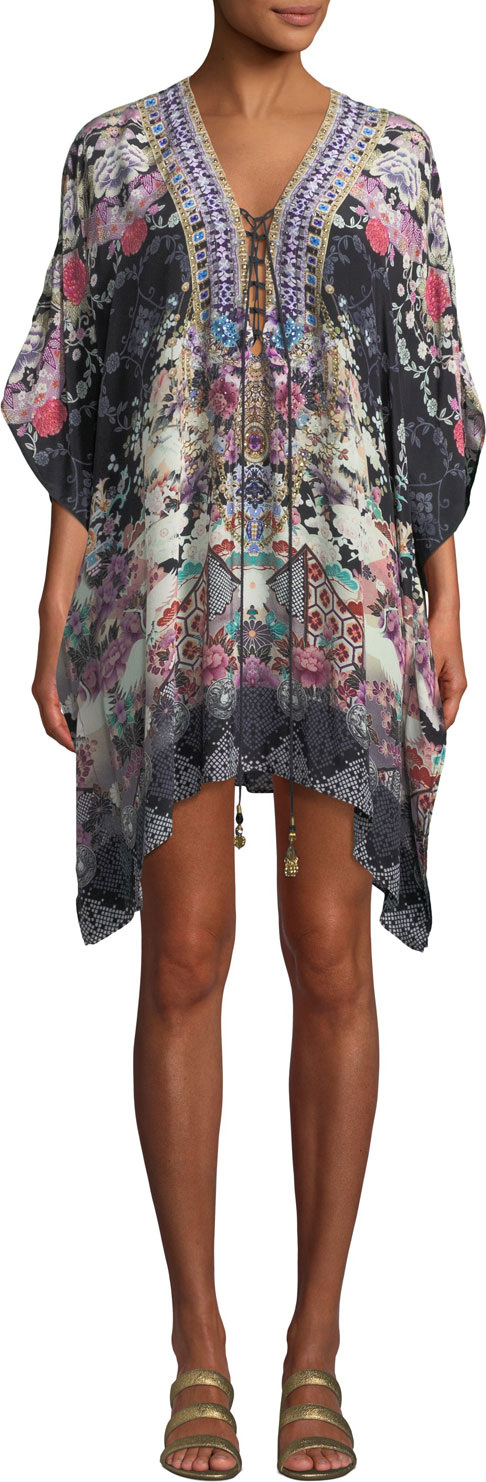 Camilla Printed Lace-Up Short Kaftan Coverup