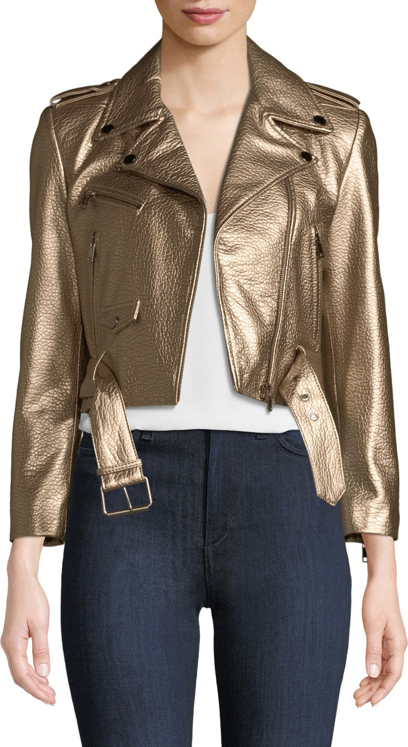 LAMARQUE Roberta Metallic Zip-Front Leather Moto Jacket