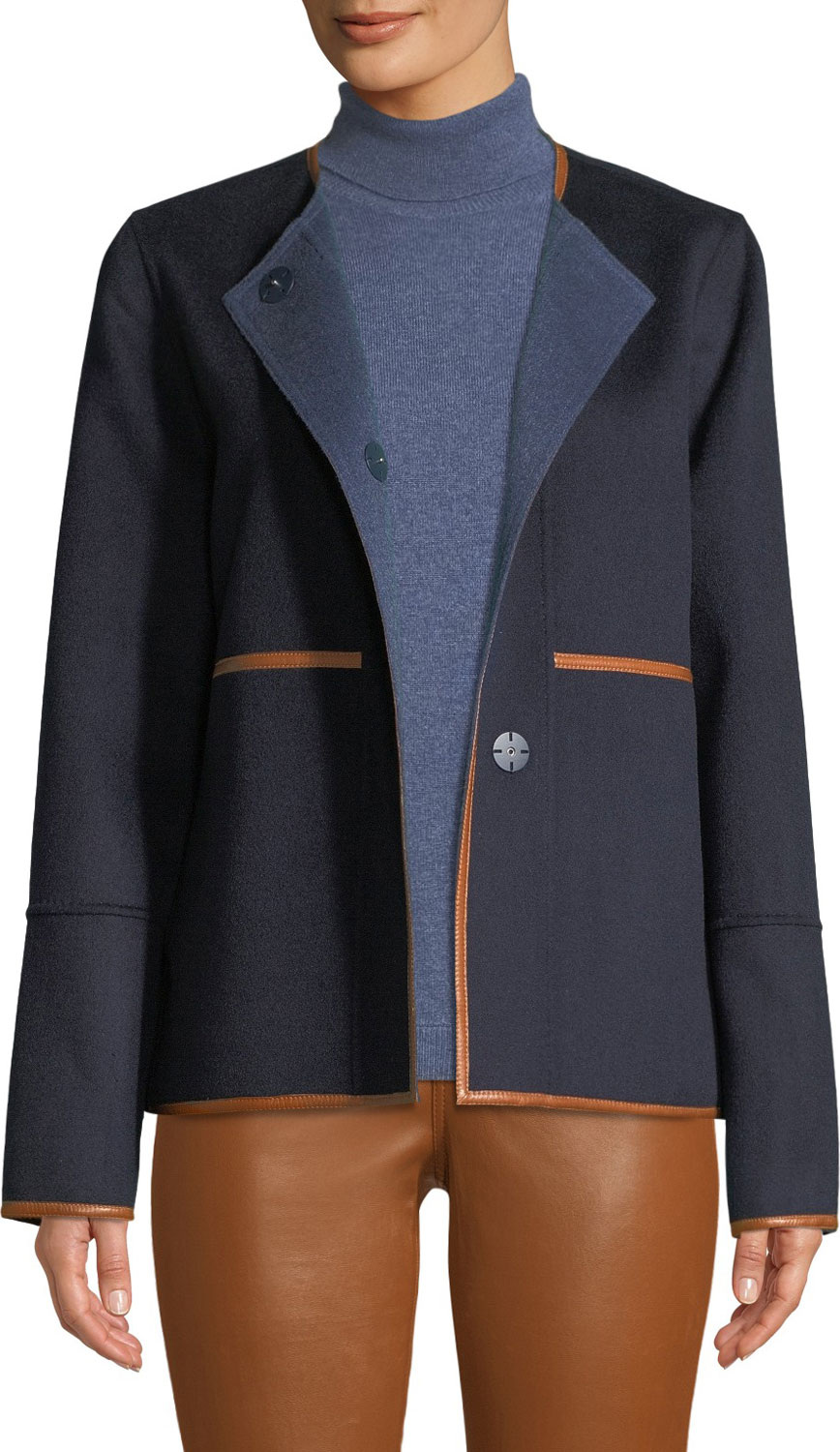 Lafayette 148 New York Rayen Reversible Two-Tone Jacket w/ Leather Trim